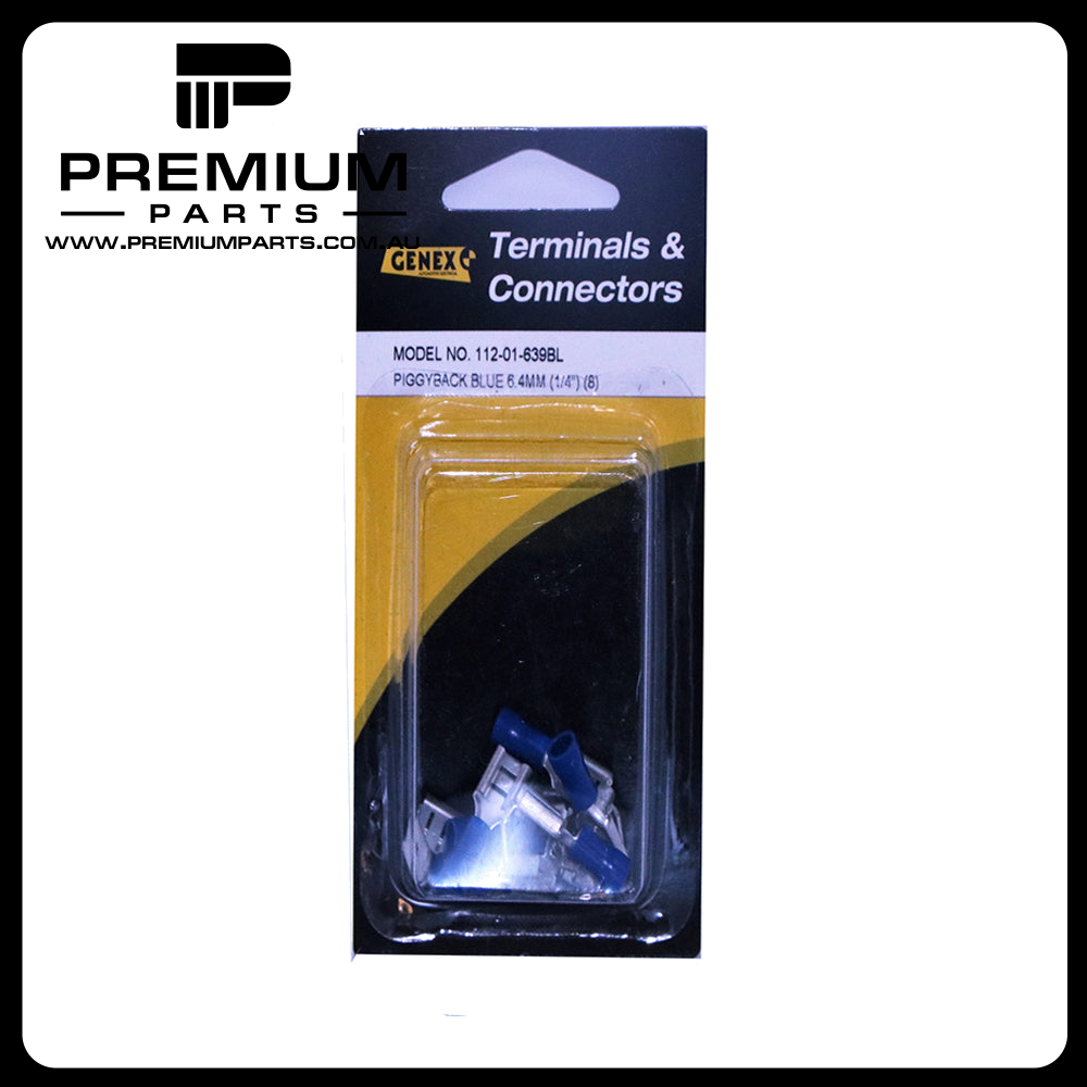 Insulated Female Piggyback Blade Crimp Terminal - Blue (6.4mm), Box of 8