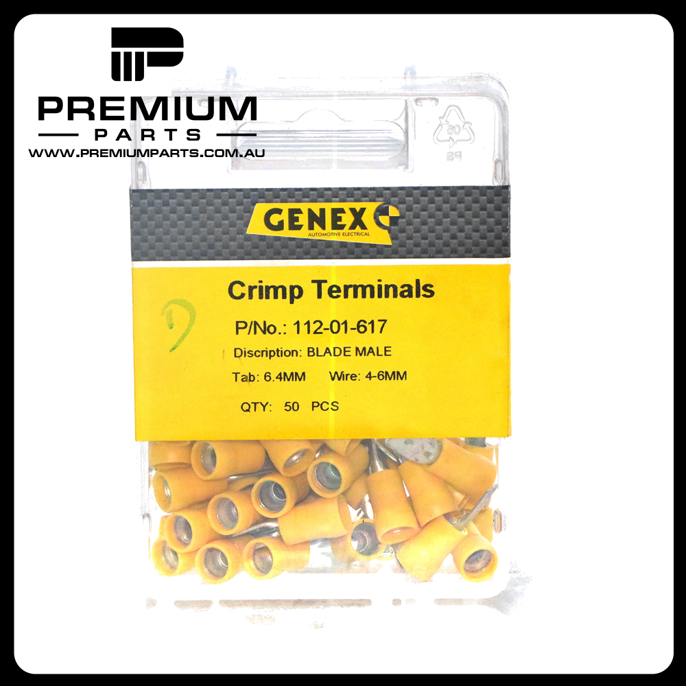 Insulated Male Blade Crimp Terminal - Yellow (6.4mm), Box of 100