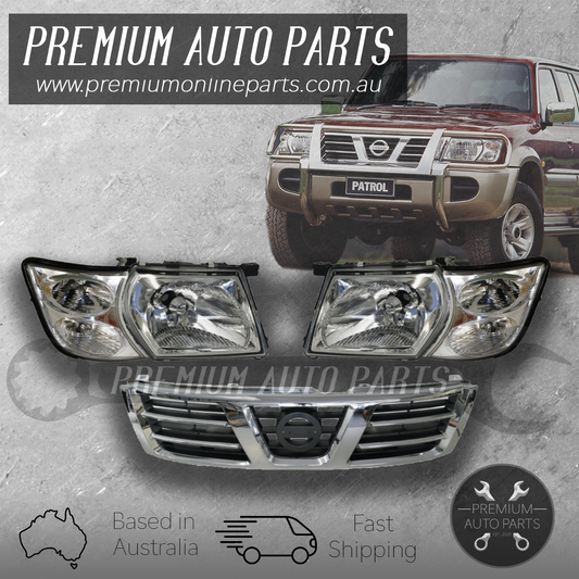 Head Lamp Light Set + Grille suits Nissan Patrol Y61 GU Series 2/3 Wagon 01-04